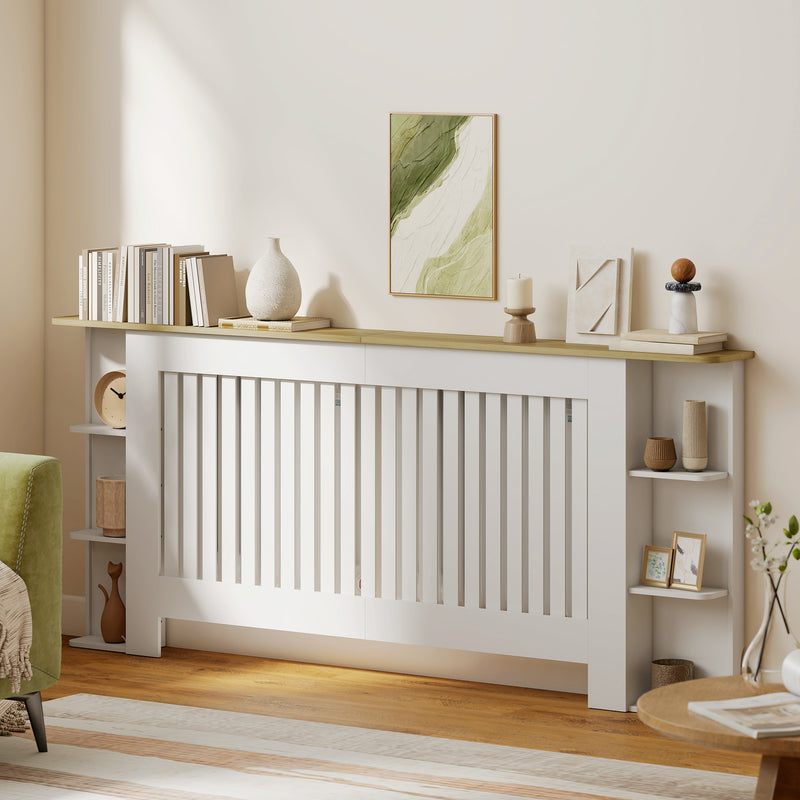 White Extra Large Radiator Cover with Storage Shelves for Living Room or Hallway, 191 x 19 x 83cm