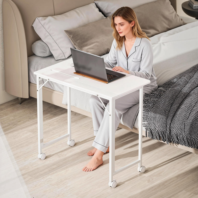 Compact Folding Desk on Wheels for Home Office or Study Space White Wood Effect AOSOM