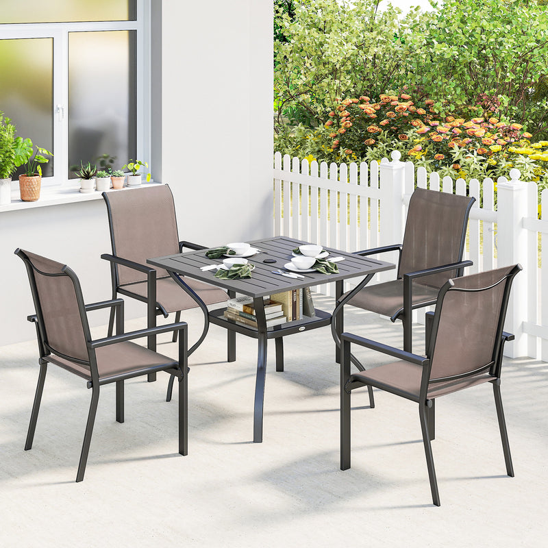Garden Dining Set for 4 with Stackable Mesh Chairs and Square Table With Umbrella Hole Outsunny