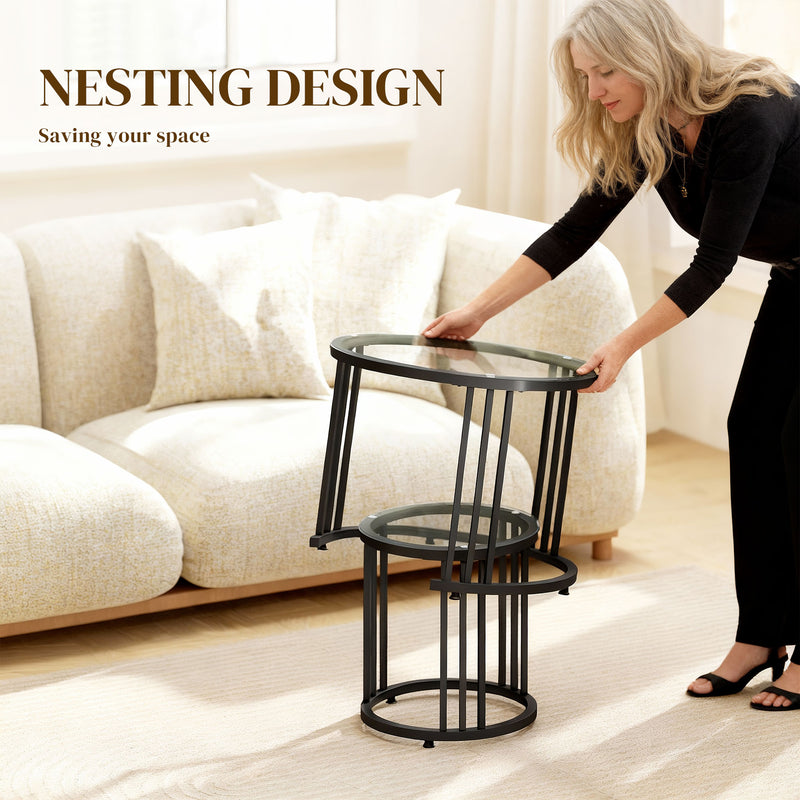 Glass Round Side Tables, Nesting Tables Set for Living Room - Black Metal Frame With Tempered Top