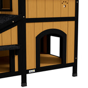 Yellow Wooden Outdoor Cat House with Plant Holder Multiple Entrances and Roof by Pawhut