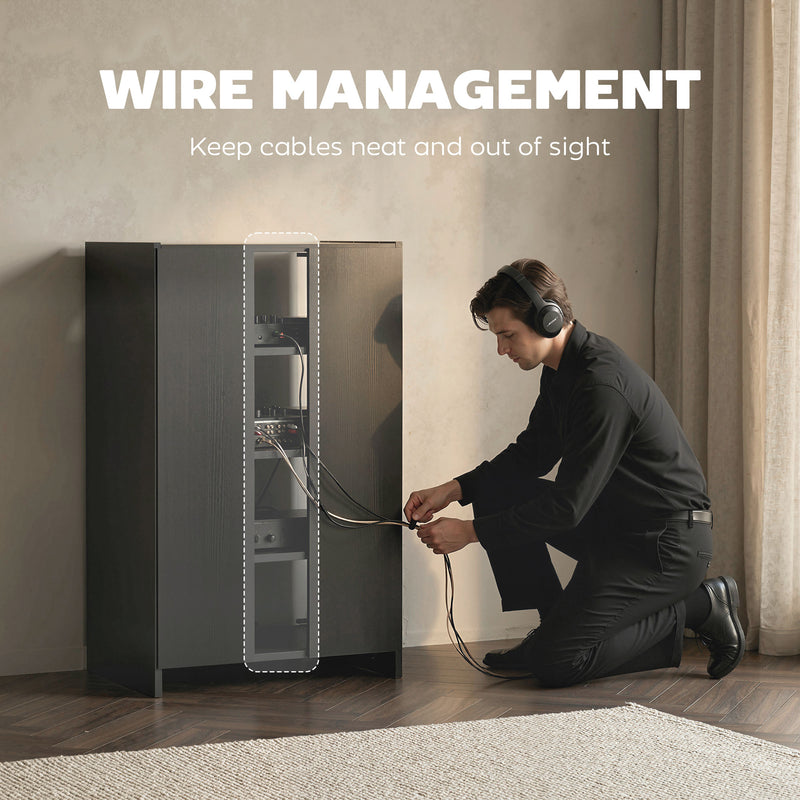 Record Player Stand With Adjustable Shelves and Glass Doors for Tidy Media Storage Black Wood-Effect