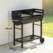 Half Drum Charcoal BBQ Grill Trolley with 2 Cooking Zones for Easy Family Barbecues Black Outsunny