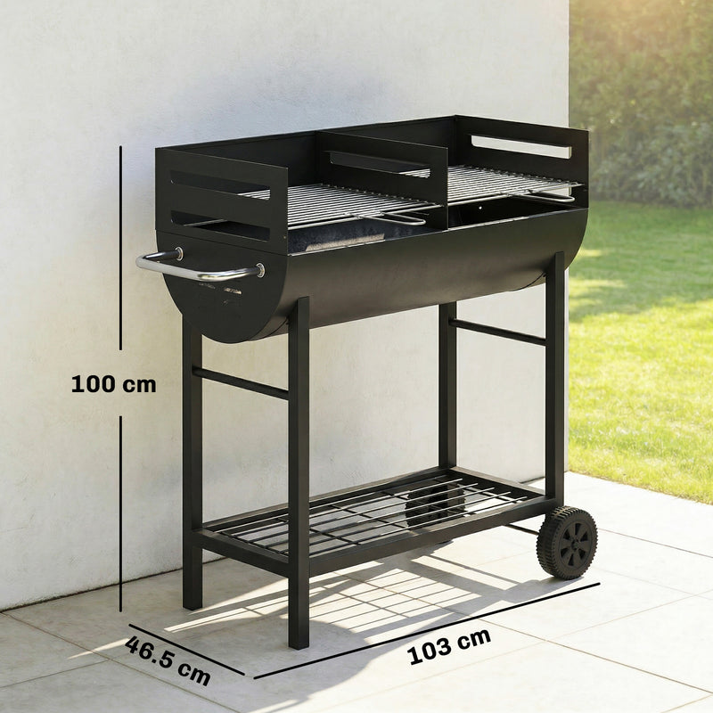 Half Drum Charcoal BBQ Grill Trolley with 2 Cooking Zones for Easy Family Barbecues Black Outsunny