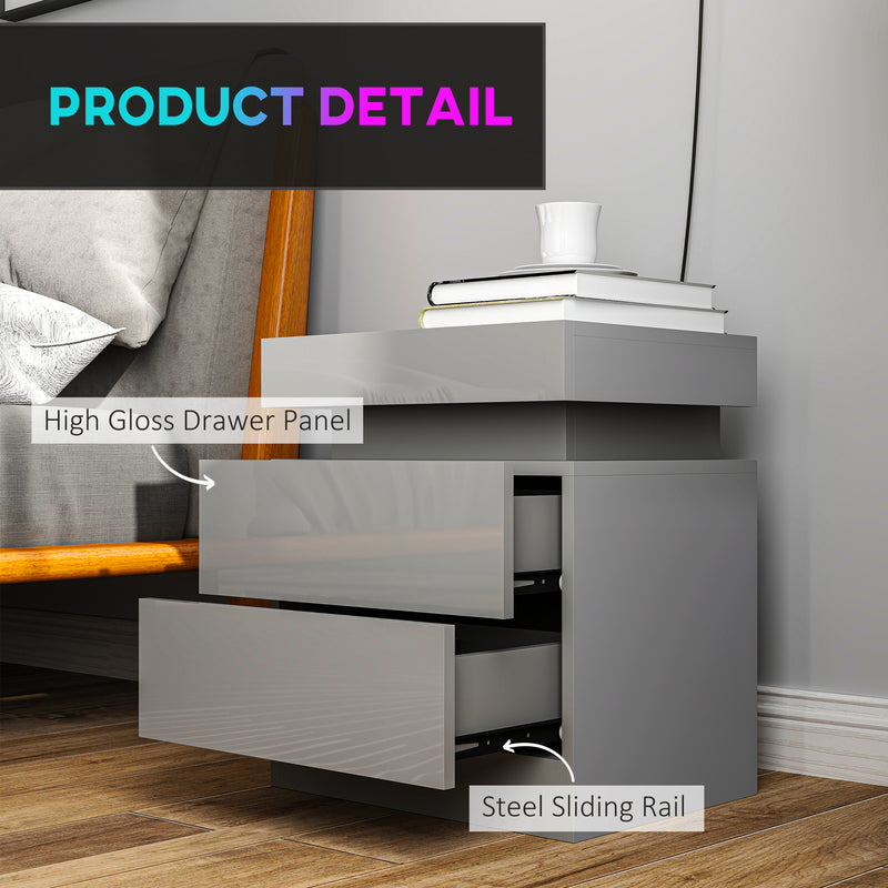 Bedside Table with Adjustable LED Lighting and Two Drawers for Organised Bedroom Storage Grey
