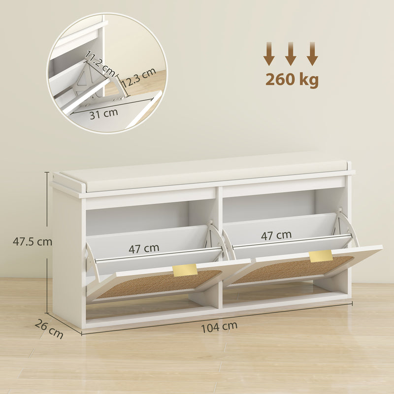 Boho Shoe Storage Bench with Cushioned Seat and Two Flip Drawers for Hallway, White