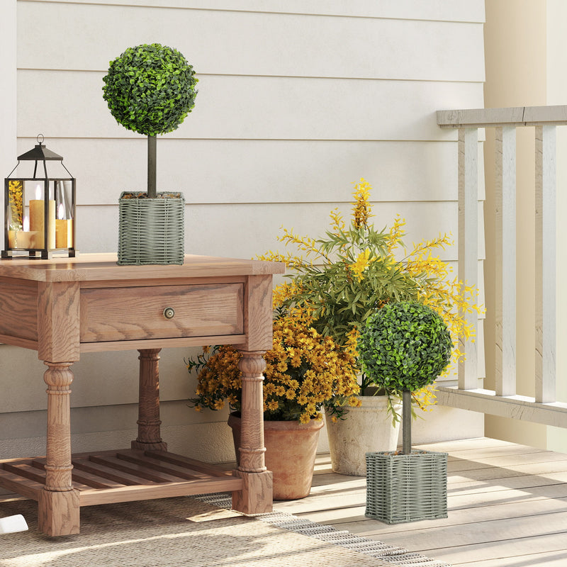 Set of 2 Artificial Boxwood Topiary Plants in Woven Pots Ideal for Home or Office Green