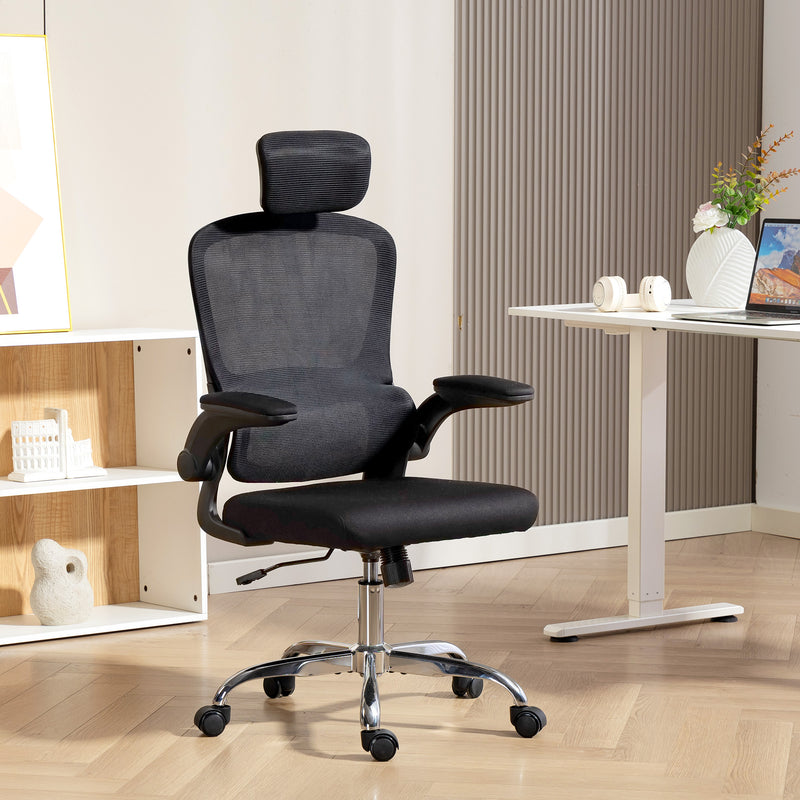 Mesh Office Chair with Lumbar Support and Flip Up Arms for Comfortable All Day Work Black