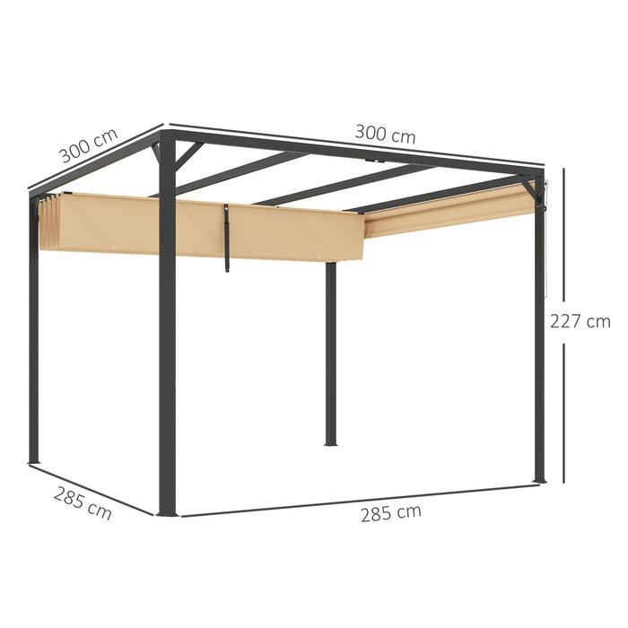 3 x 3m Aluminium Pergola with Retractable Roof and Wall Khaki by Outsunny