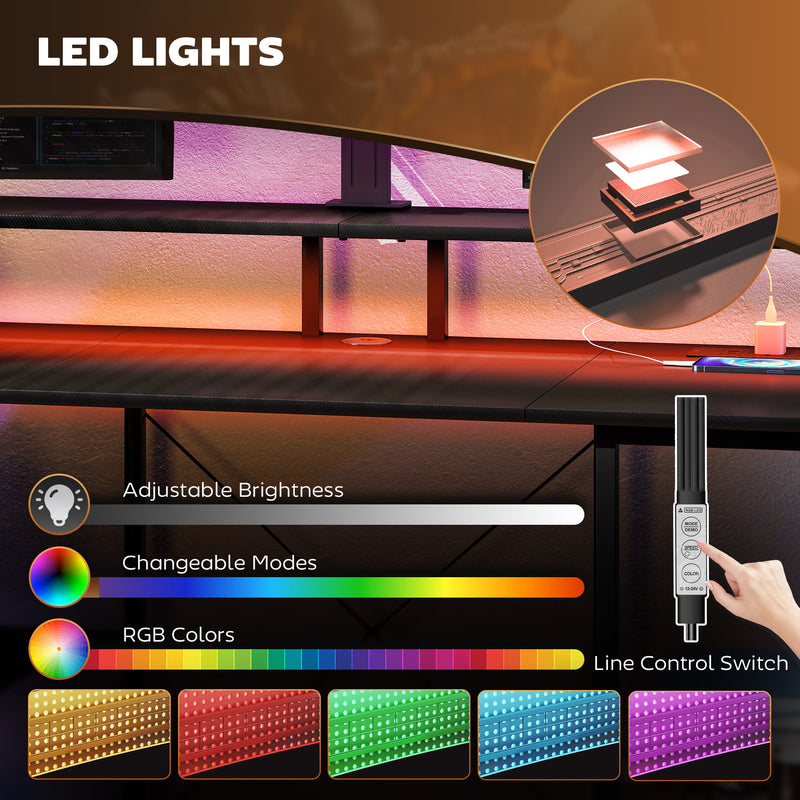 LED Computer Desk with Power Outlets and Storage Shelves Ideal for Home Office, Grey