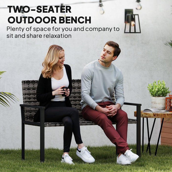 Grey Rattan 2 Seater Garden Bench with Cushions and Steel Frame for Patio Comfort by Outsunny