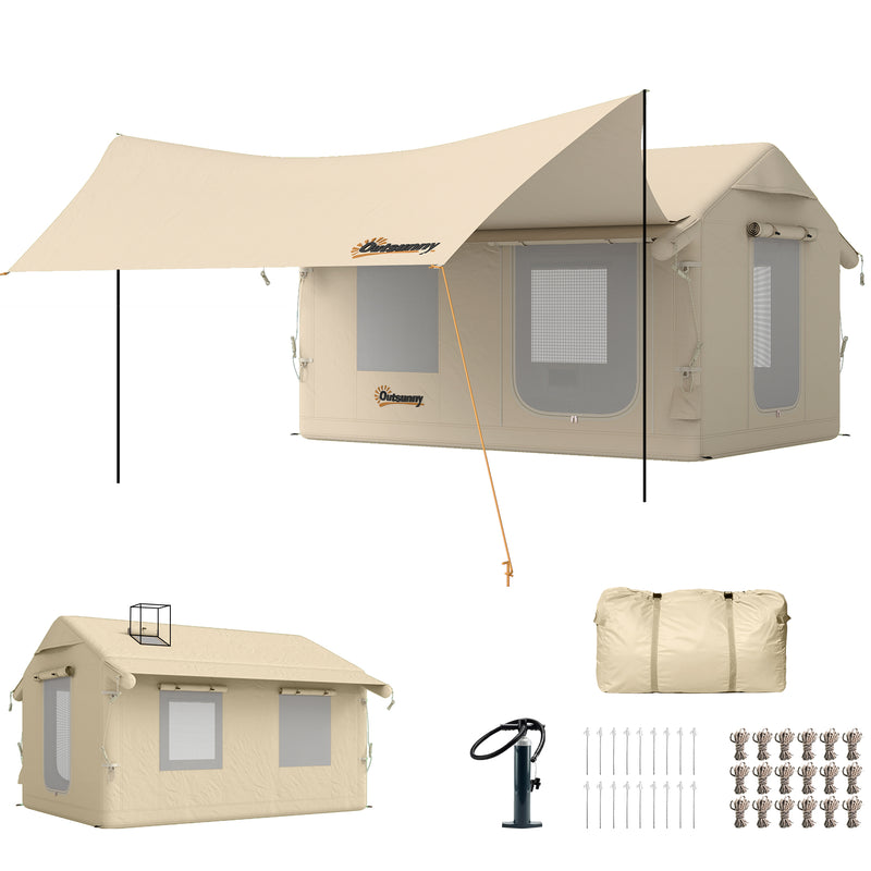 Waterproof Inflatable Camping Tent With Detachable Awning, 6-8 Person, Khaki