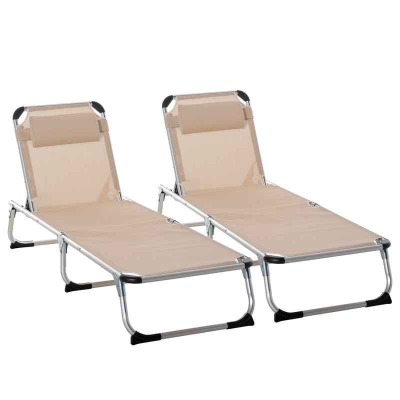 Khaki Foldable Sun Lounger Set With Adjustable Backrest And Pillow For Camping Outdoors