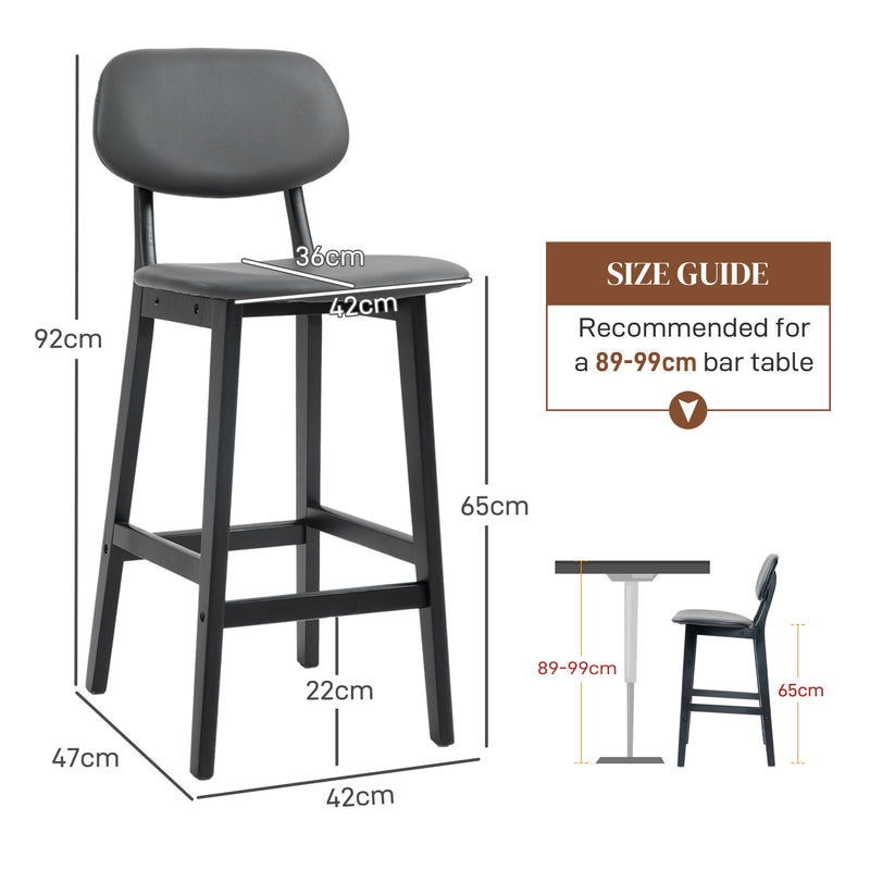 Set of 2 Faux Leather Bar Stools with Backs Solid Wood Legs for Kitchen Dark Grey