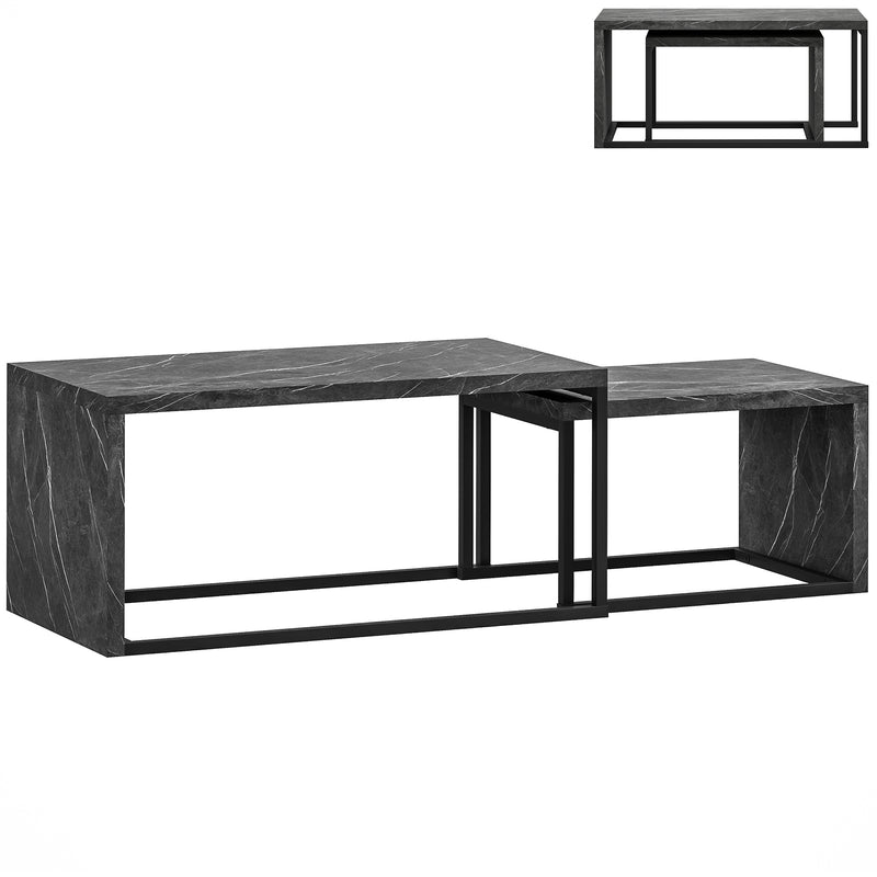 Set of 2 Dark Grey Marble Effect Coffee Tables With Metal Frame For Living Room Use
