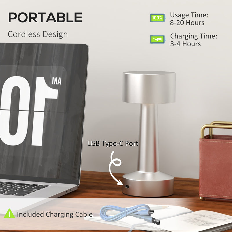 Cordless LED Touch Table Lamp with Rechargeable Battery for Bedroom or Office Use, Silver