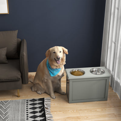 Elevated Dog Feeder With Storage Compartment And Two Stainless Steel Bowls, Grey