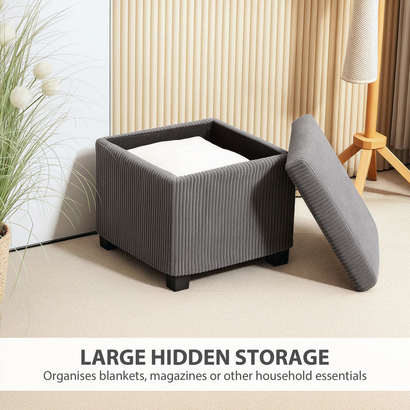 Grey Corduroy Square Storage Ottoman Stool with Removable Lid and Legs 40cm by HOMCOM