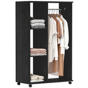 Black Open Wardrobe on Wheels with Hanging Rail and Shelves for Bedroom or Hallway Use