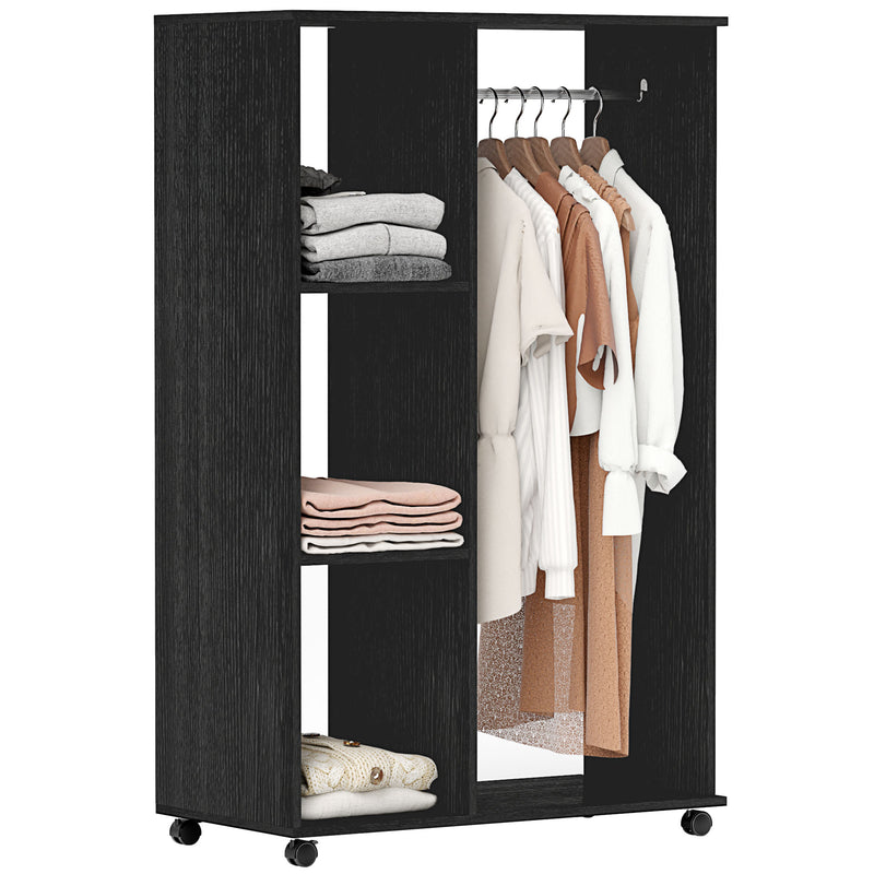 Black Open Wardrobe on Wheels with Hanging Rail and Shelves for Bedroom or Hallway Use