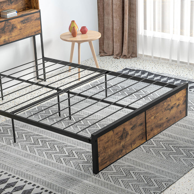 Industrial Double Bed Frame with Storage Headboard and Slatted Base for Adults Rustic Brown