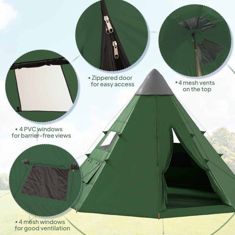 6 Person Tipi Tent with Quick Setup and Spacious Interior for Group Camping Green Black