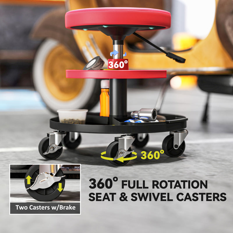 Mechanic Roller Stool with Adjustable Height and Tool Trays for Garage or Workshop Red AOSOM
