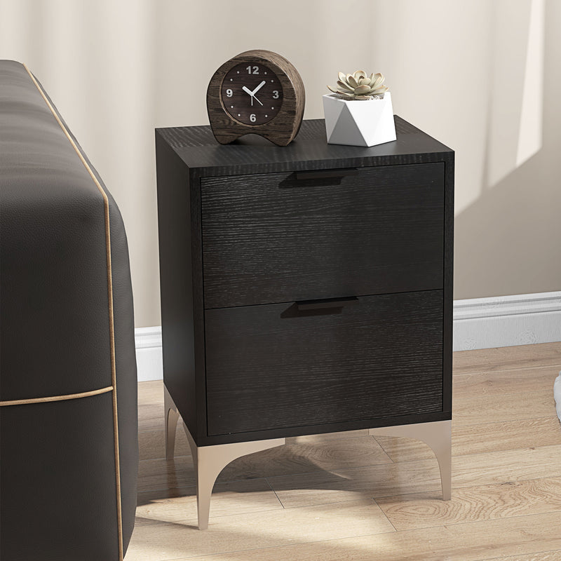 Set of Two Wooden Bedside Tables with Storage and Steel Frame for Bedroom, Black