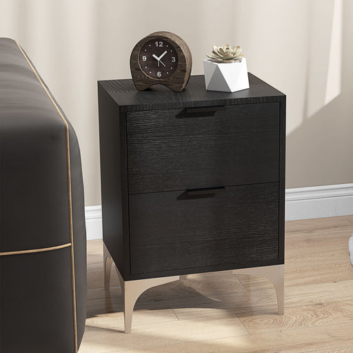 Set of Two Wooden Bedside Tables with Storage and Steel Frame for Bedroom, Black
