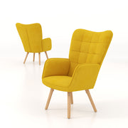 Set of 2 Velvet Wingback Accent Chairs with Wood Legs for Lounge or Living Room Yellow
