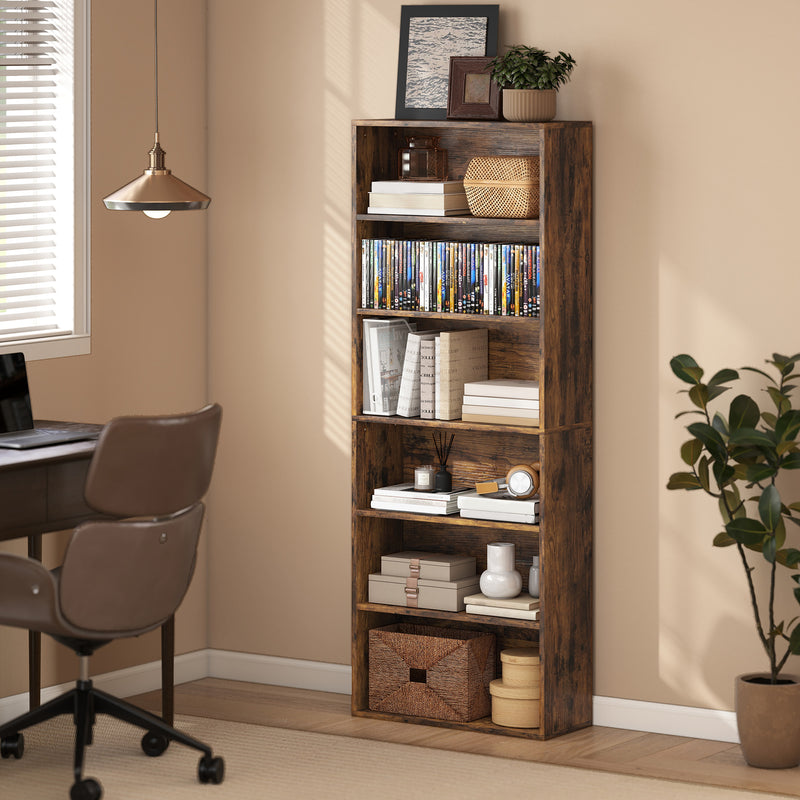 6 Tier Wooden Bookcase With Open Shelves For Living Room Or Office Rustic Brown AOSOM