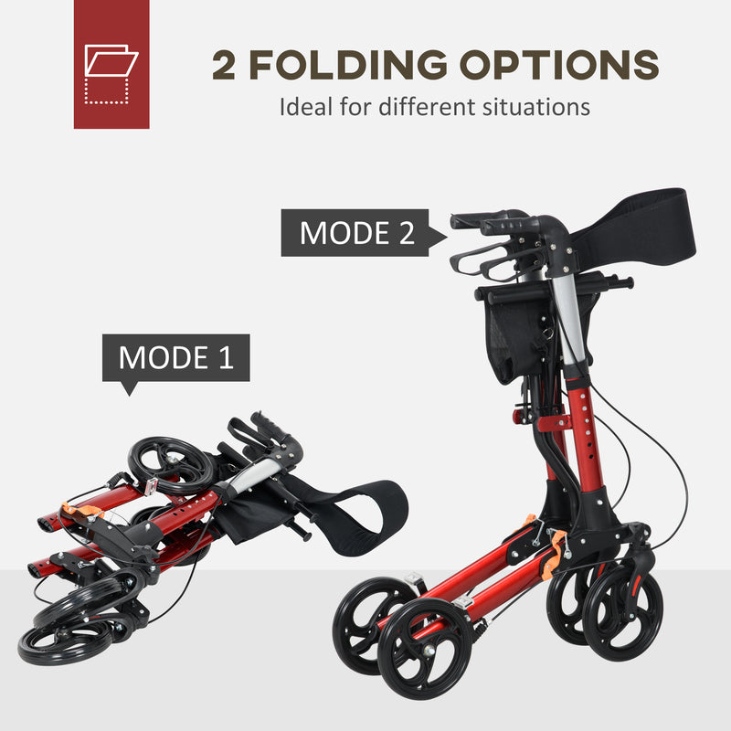 HOMCOM Folding Rollator Walker with 6 Adjustable Handle Height for People with Limited Mobility, Red