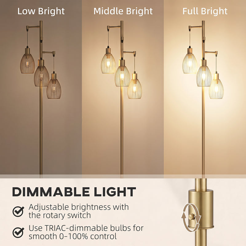 Floor Lamp with Adjustable Dimmable Lights for Living Room or Bedroom Gold