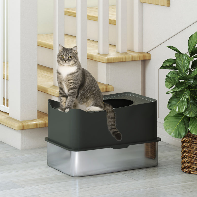 Extra Large Enclosed Stainless Steel Cat Litter Box With Scoop And Top Entry Design