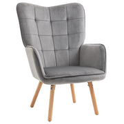 Grey Velvet Wingback Armchair with Tufted Upholstery for Lounge or Bedroom Comfort