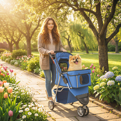 Dog Pram for Small Dogs with Foldable Frame and Storage Basket Blue AOSOM