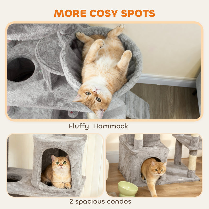 Large 170 cm Cat Tree Tower with Hammock Tunnel Condos and Scratching Posts Light Grey AOSOM