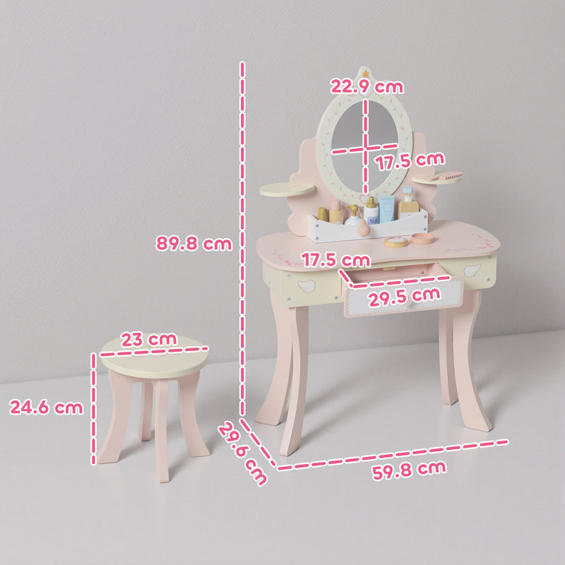 Kids Vanity Dressing Table Set With Mirror Stool Storage And Accessories For Girls Pink