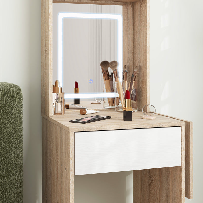Dressing Table with Adjustable LED Mirror and Storage for Small Bedrooms Natural Wood AOSOM