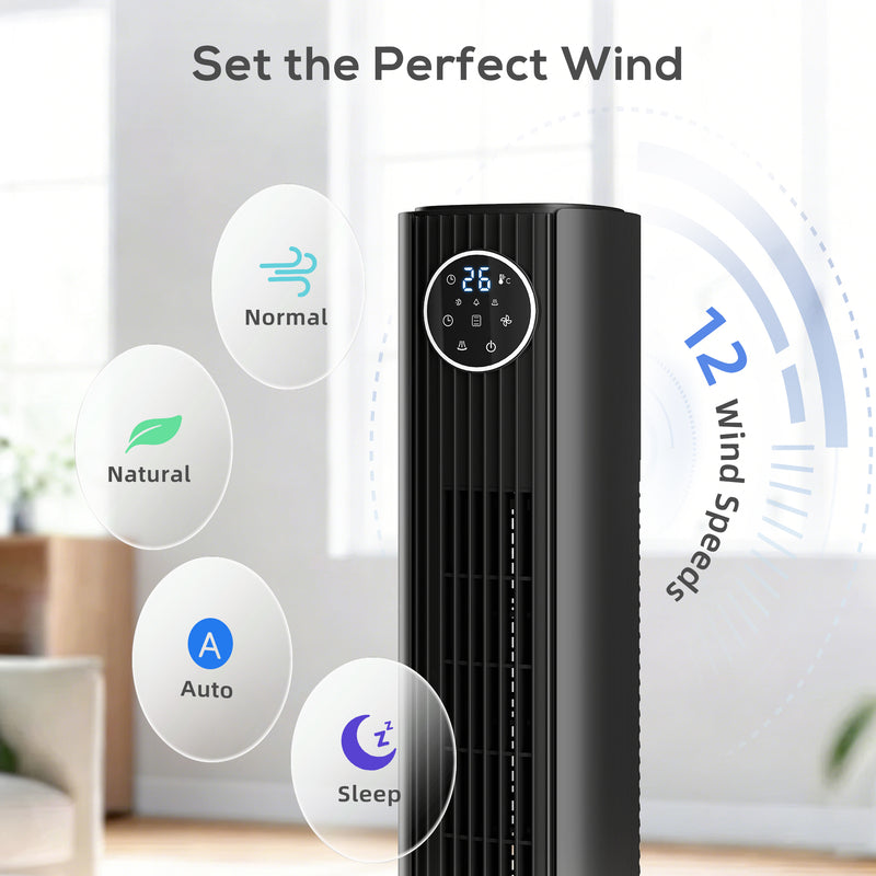 Tower Fan for Quiet Energy Efficient Cooling with 12 Speeds and Slim Design Black AOSOM