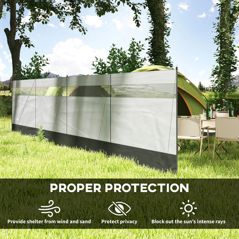 Camping Windbreak with Clear Windows and Steel Poles for Beach and Caravan Use Grey AOSOM