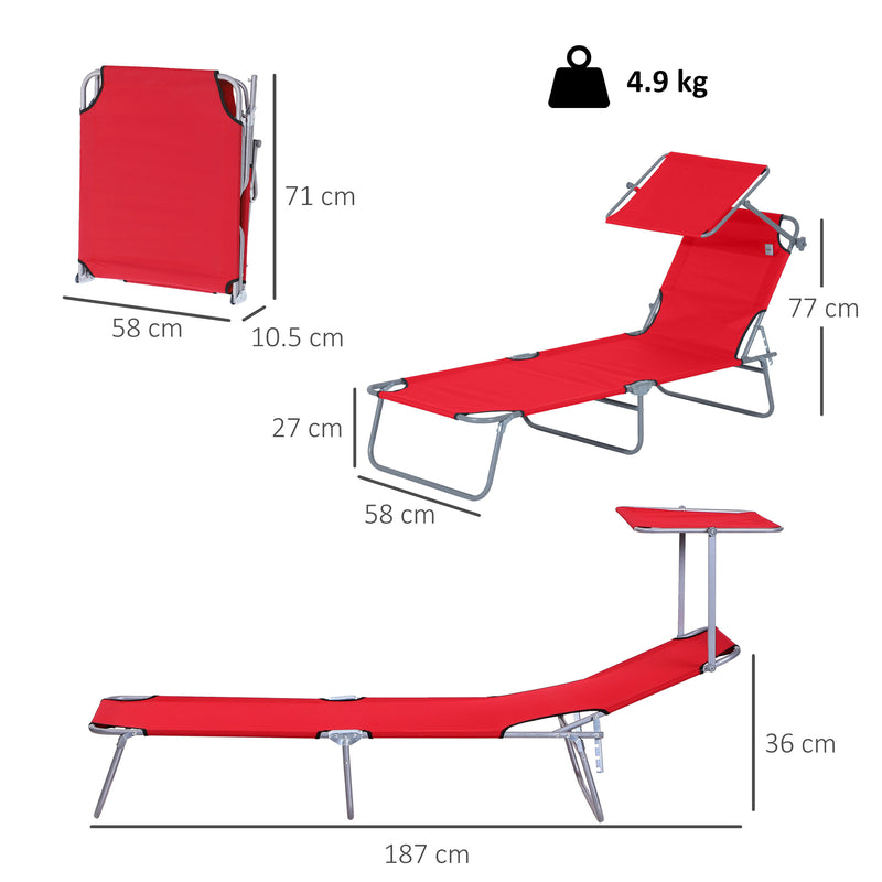 Red Folding Reclining Sun Lounger with Adjustable Canopy for Beach or Garden Relaxation