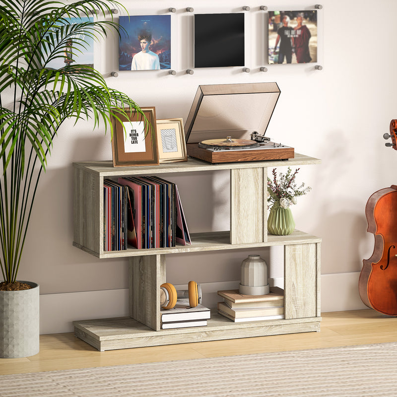 S Shaped Wooden Side Table with Storage Shelf for Living Room or Bedroom, Natural Wood