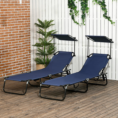Set of Two Dark Blue Folding Sun Loungers with Adjustable Backs and Sun Canopies by Outsunny
