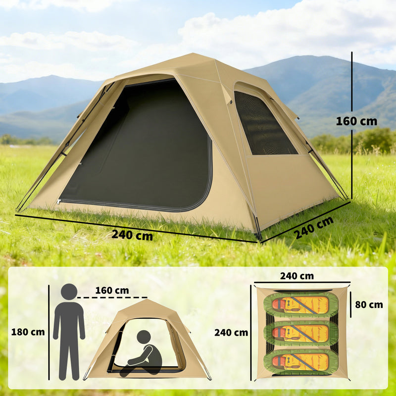 Pop Up Family Tent for 3 to 4 People with Instant Setup and All Weather Protection Khaki