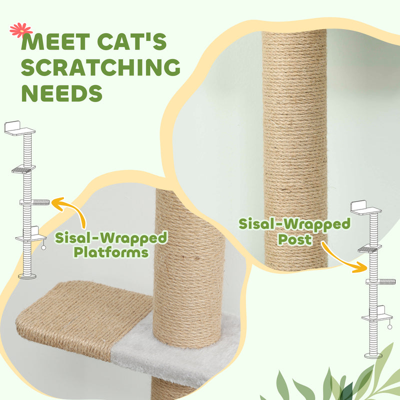 Wall Mounted Cat Climbing Shelves With Scratching Post and Toy Ball 180cm Tall For Indoor Catshi, Light Grey