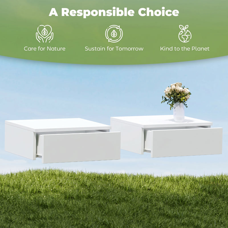 Wall Mounted Bedside Tables Set of 2 with Drawer for Tidy Bedroom Storage White