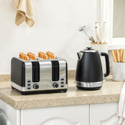 Stainless Steel Kettle and 4 Slice Toaster Set with Rapid Boil and Crumb Tray Black Silver