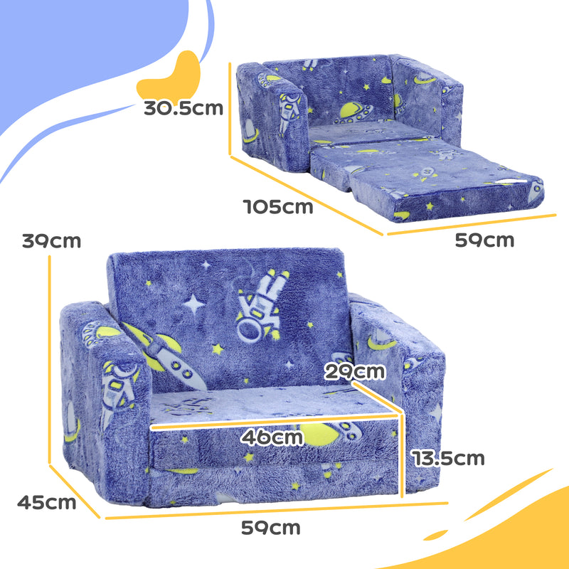 2 in 1 Kids Folding Bed and Armchair with Glow in the Dark Cushion Cover, Blue