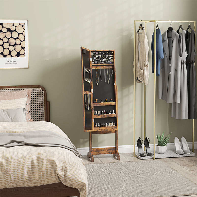 Freestanding Full Length Mirror Cabinet with LED Jewelry Storage and Adjustable Angle Rustic Brown